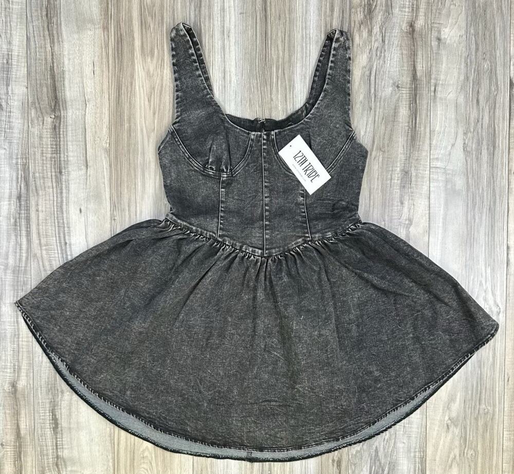 12th Tribe Kitt Black Denim Mini Dress Sleeveless Zip Back Womens Large NEW